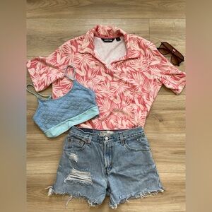 Lands' End Women's Pink and White Tropical Short Sleeve Top